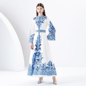 2024 Early Spring - Palace style stand up collar flared sleeve printed long lace dress