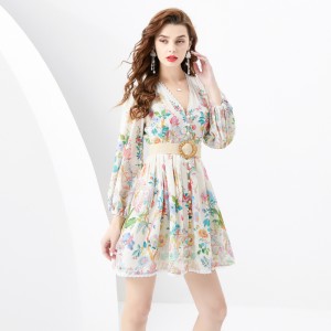 2024 Spring/Summer - Lace Vacation Style V-neck Lantern Sleeve Hundred Fold Printed Short Mini Dress