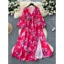 French forest retro floral dress for women in autumn 2024, waist cinched, V-neck, lantern sleeves, slit, large swing, long skirt