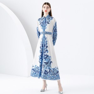 2024- Early Spring Retro Collar Single Front Lantern Sleeve Long Printed Dress