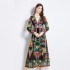 Original in stock | 2024 early spring vacation style temperament design sense V-neck printed long sleeved waist cinching dress