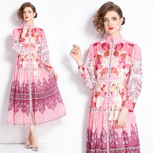 Original Spot | 2024 Spring New Ethnic Style Retro Standing Collar Lantern Sleeve Printed Dress