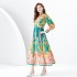 2024 Early Spring - Palace style stand up collar lantern sleeve wave side length retro printed dress