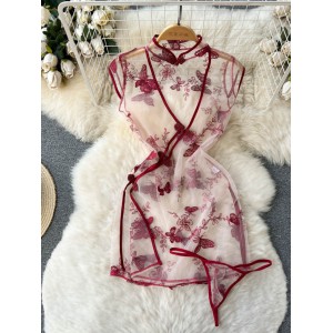 Spicy girl style sexy mesh transparent butterfly hook flower cheongsam women's clothing design sense embroidered hip hugging slit dress