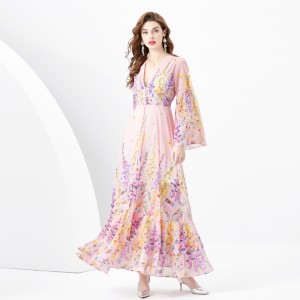 2024 Spring/Summer - Retro Deep V-neck Lantern Sleeve Wave Edge Wide Swing Painted Printed Long Dress