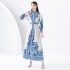 2024 Early Spring - Vacation style stand up collar lantern sleeves wave side length printed dress