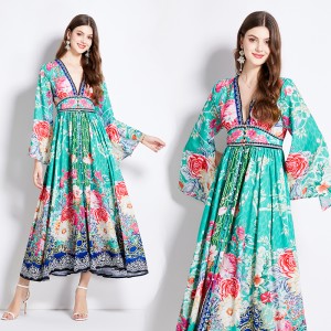 Original in stock | 2024 early spring vacation style temperament design sense V-neck printed long sleeved waist cinching dress