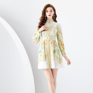 2024 Spring/Summer - Vacation style stand up collar pleated lantern sleeves retro printed mini dress