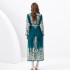 2024 Spring/Summer - Palace style stand up collar lantern sleeves wave side length retro printed dress two-piece set