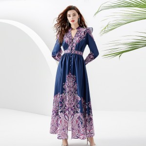 2024- Early Spring Lantern Sleeve V-neck Palace Style Single Front Printed Long Dress