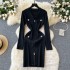 Elegant socialite sexy V-neck zipper long sleeved dress for women in autumn, metal buckle waist cinched bottom knitted woolen dress