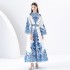 2024 Early Spring - Palace style stand up collar flared sleeve printed long lace dress