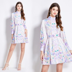 Original in stock | 2024 early spring retro palace style stand up collar single breasted lantern sleeves cinched waist slimming dress