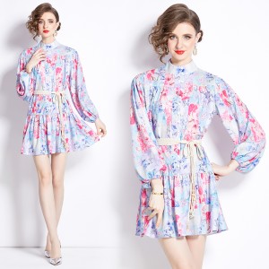 Original in stock | 2024 early spring temperament skirt patchwork print long sleeved slimming retro short dress