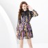 2024 Early Spring - Vacation style stand up collar lantern sleeves wavy edge painted mini printed cake dress