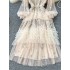 Elegant dress for socialite, female 2024 autumn French heavy industry embroidery flower mesh pleated fluffy skirt, knee length long skirt