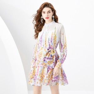 2024 Early Spring - Vacation style stand up collar lantern sleeves wavy edge painted mini printed cake dress