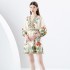 2024 Early Spring - Vacation style V-neck pleated lantern sleeves retro painted printed mini dress