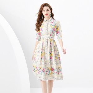 2024 Spring/Summer - Palace Style Flip Collar Short Sleeve Waist Wide Skirt Printed Long Dress