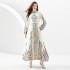 2024- Early Spring Vacation Style Stand up Collar Single breasted Palace Style Retro Printed Wide Swing Long Dress