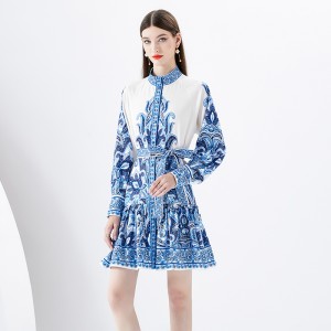 2024 Early Spring - Vacation style stand up collar lantern sleeves wave side length printed dress