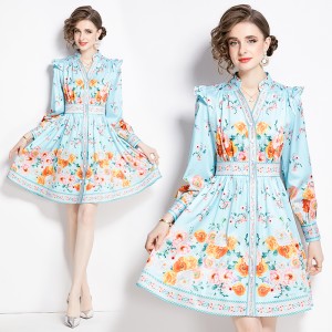 Original in stock | 2024 Spring/Summer Retro Palace Style V-neck Single breasted Lantern Sleeve Short Dress