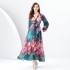 2024 Early Spring - Vacation style V-neck lantern sleeve wavy edge painted long print dress two-piece set