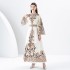 2024 Early Spring - Palace style stand up collar flared sleeve printed long lace dress