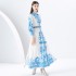 2024- Early Spring Palace Style Flip Collar Single Front Lantern Sleeve Retro Printed Long Dress