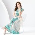 Early spring 2024- Palace style lapel sleeveless waist cinched wide skirt printed long dress