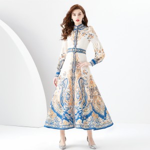 Early Spring 2024- Vintage stand up collar cardigan with wide skirt and lantern sleeves printed long dress