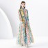 2024 Early Spring - Vacation style stand up collar lantern sleeves wave side length colorful printed dress