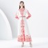 2024- Early Spring Palace Style Flip Collar Single Front Lantern Sleeve Retro Printed Long Dress