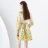 2024- Early Spring Palace Vacation Style Stand up Collar Lantern Sleeve Wide Skirt Shrink Fold Mini Printed Skirt