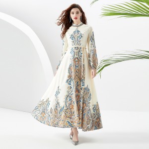 2024- Early Spring Vacation Style Stand up Collar Single breasted Palace Style Retro Printed Wide Swing Long Dress