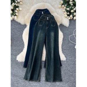 American retro casual design pocket two button high waisted jeans for women, slim and versatile, loose and wide leg pants