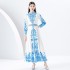 2024- Early Spring Palace Style Flip Collar Single Front Lantern Sleeve Retro Printed Long Dress