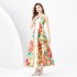 2024 Spring/Summer - Retro Stand cut V-neck Sleeveless Wide Swing Printed Long Dress