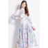 Original in stock | 2024 spring new satin retro stand up collar lantern sleeve printed dress