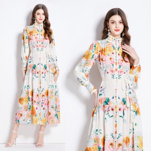 Original in stock | 2024 spring/summer floral ethnic style retro stand up collar lantern sleeve printed dress