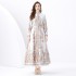 2024 Vacation - Palace style stand up collar lantern sleeve single placket printed long lace dress