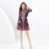 2024 Spring/Summer - Two piece set of palace style lapel lantern sleeves, wavy edge short mini retro printed dress