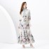 2024 Spring/Summer - Palace style stand up collar lantern sleeves wave side length retro printed dress