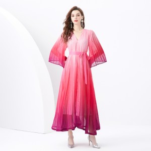 2024 Vacation - Vacation style V-neck flared sleeve pleated wave side length gradient printed dress