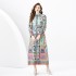 2024 Spring/Summer - Palace style lapel lantern sleeve wave side length retro printed dress