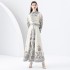 Early Spring 2024- Palace Style Flip Collar Single Front Lantern Sleeve Retro Printed Long Dress