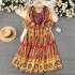 Spring and summer vacation ethnic style printed embroidered square neck dress for women with a waist cinched and pleated A-line loose long skirt