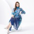 2024 Vacation - Countryside style stand up collar lantern sleeves wave side length retro printed dress two-piece set