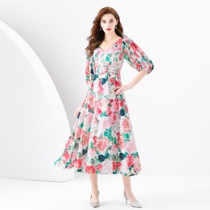 2024 Spring/Summer - Vacation Retro Style V-neck Slimming Lantern Sleeve Painted Long Dress