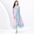 2024 Spring/Summer - Palace style stand up collar lantern sleeves wave side length retro printed dress